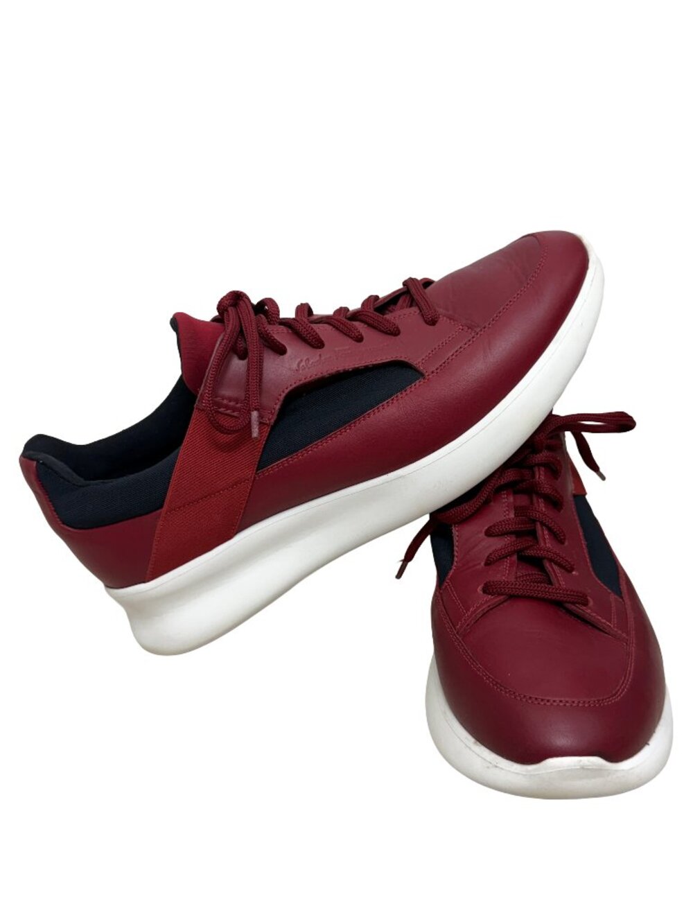 Salvatore Ferragamo Men Red Burgundy Black Leather Low Top Lace Up Sneakers sz 9